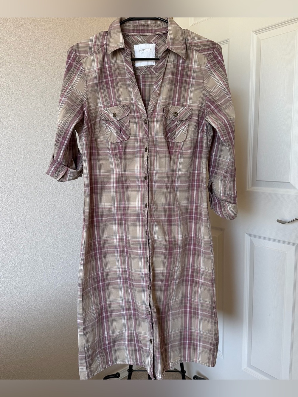 Sonoma womens M beige/purple plaid shirt dress button front cottagecore academia